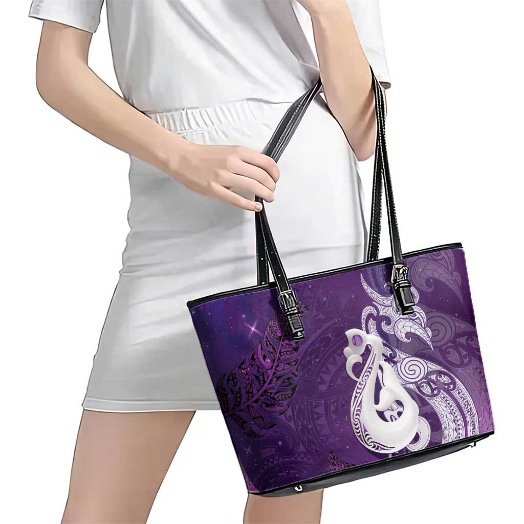 New Zealand Matariki Leather Tote Bag Maori Manaia Galaxy Silver Fern Purple Color