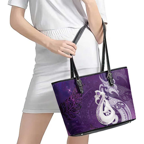 New Zealand Matariki Leather Tote Bag Maori Manaia Galaxy Silver Fern Purple Color