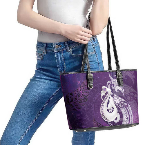 New Zealand Matariki Leather Tote Bag Maori Manaia Galaxy Silver Fern Purple Color