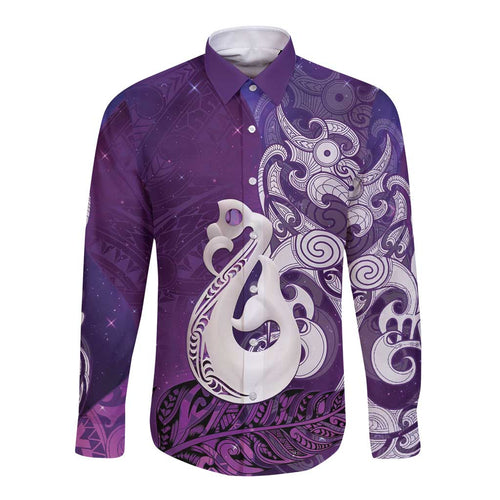 New Zealand Matariki Long Sleeve Button Shirt Maori Manaia Galaxy Silver Fern Purple Color