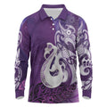New Zealand Matariki Long Sleeve Polo Shirt Maori Manaia Galaxy Silver Fern Purple Color