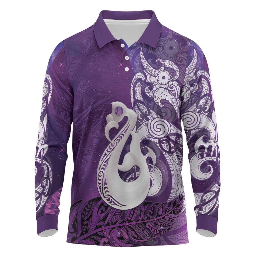 New Zealand Matariki Long Sleeve Polo Shirt Maori Manaia Galaxy Silver Fern Purple Color