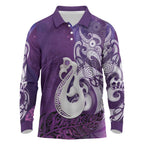New Zealand Matariki Long Sleeve Polo Shirt Maori Manaia Galaxy Silver Fern Purple Color