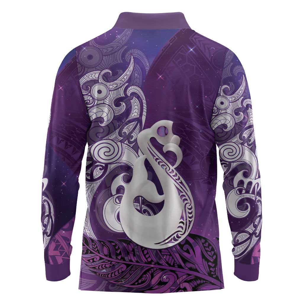 New Zealand Matariki Long Sleeve Polo Shirt Maori Manaia Galaxy Silver Fern Purple Color