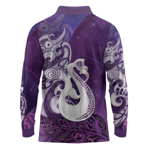New Zealand Matariki Long Sleeve Polo Shirt Maori Manaia Galaxy Silver Fern Purple Color
