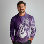 New Zealand Matariki Long Sleeve Polo Shirt Maori Manaia Galaxy Silver Fern Purple Color