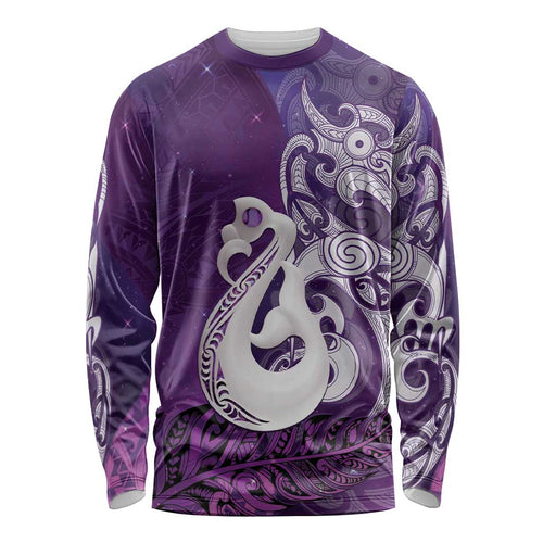 New Zealand Matariki Long Sleeve Shirt Maori Manaia Galaxy Silver Fern Purple Color