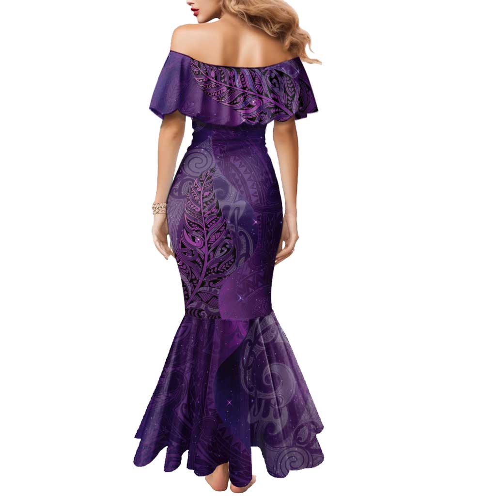 New Zealand Matariki Mermaid Dress Maori Manaia Galaxy Silver Fern Purple Color