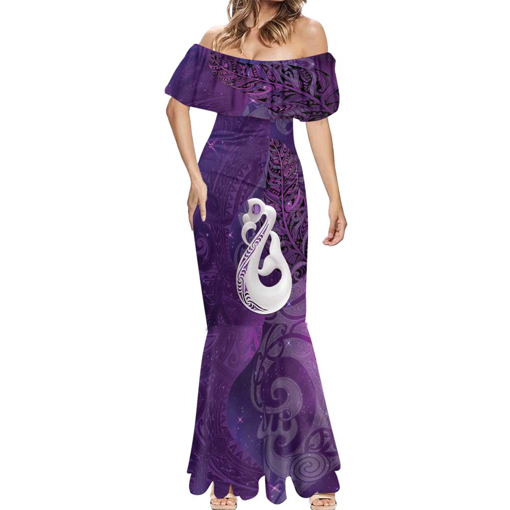 New Zealand Matariki Mermaid Dress Maori Manaia Galaxy Silver Fern Purple Color