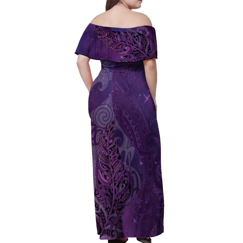 New Zealand Matariki Off Shoulder Maxi Dress Maori Manaia Galaxy Silver Fern Purple Color