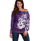 New Zealand Matariki Off Shoulder Sweater Maori Manaia Galaxy Silver Fern Purple Color