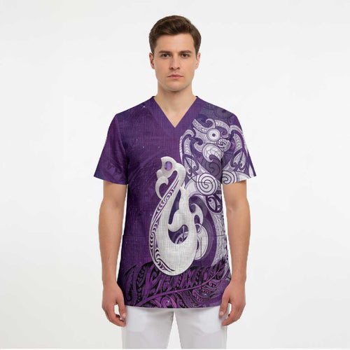 New Zealand Matariki Scrub Top Maori Manaia Galaxy Silver Fern Purple Color
