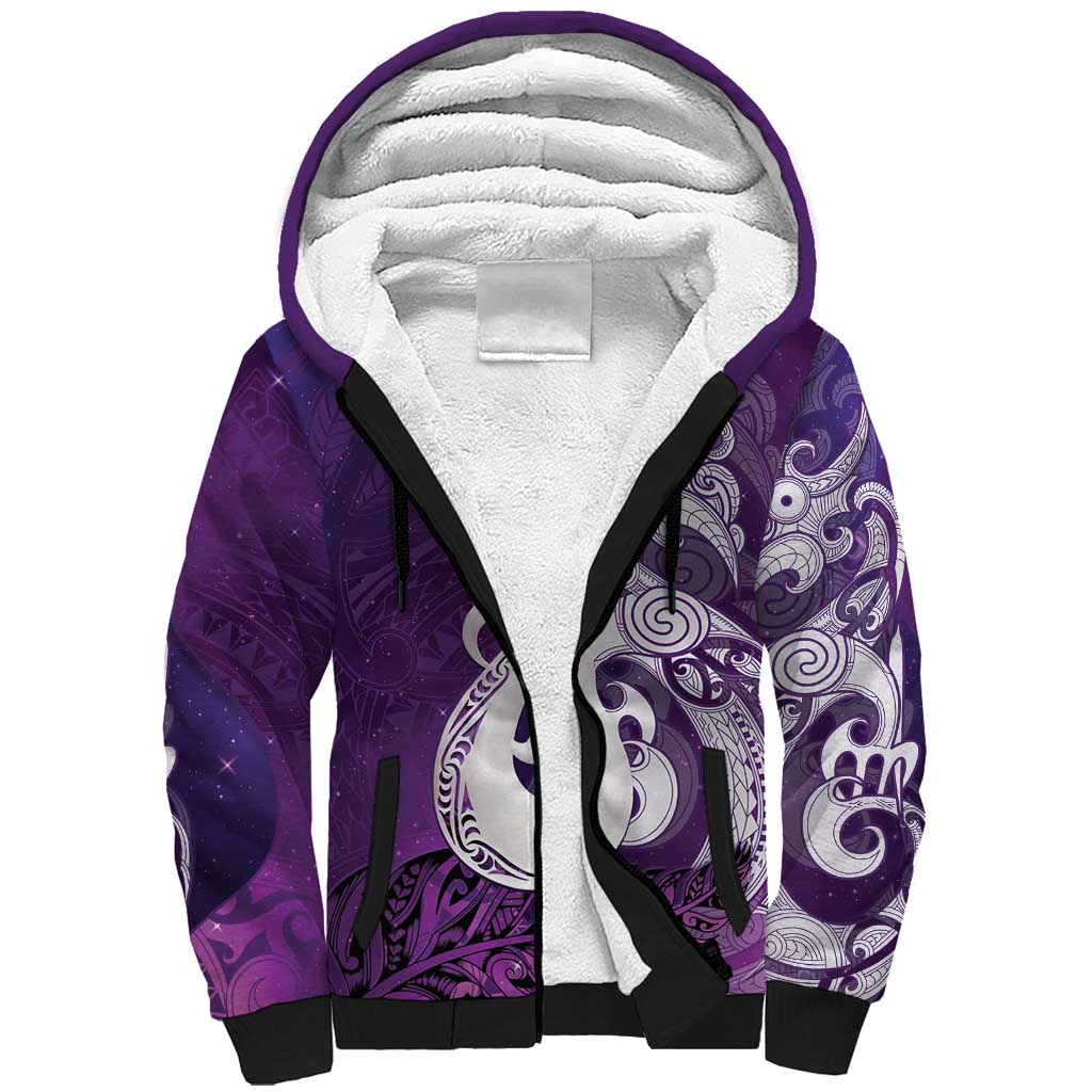 New Zealand Matariki Sherpa Hoodie Maori Manaia Galaxy Silver Fern Purple Color