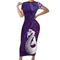 New Zealand Matariki Short Sleeve Bodycon Dress Maori Manaia Galaxy Silver Fern Purple Color