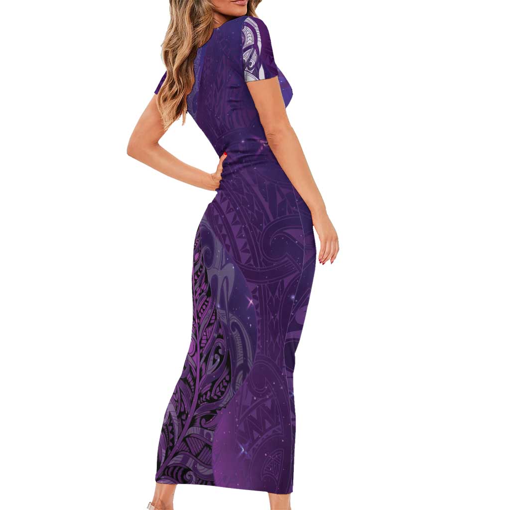 New Zealand Matariki Short Sleeve Bodycon Dress Maori Manaia Galaxy Silver Fern Purple Color