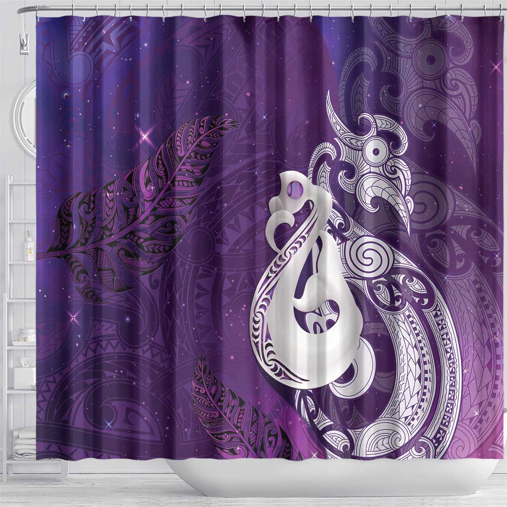 New Zealand Matariki Shower Curtain Maori Manaia Galaxy Silver Fern Purple Color