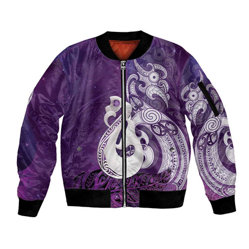 New Zealand Matariki Sleeve Zip Bomber Jacket Maori Manaia Galaxy Silver Fern Purple Color