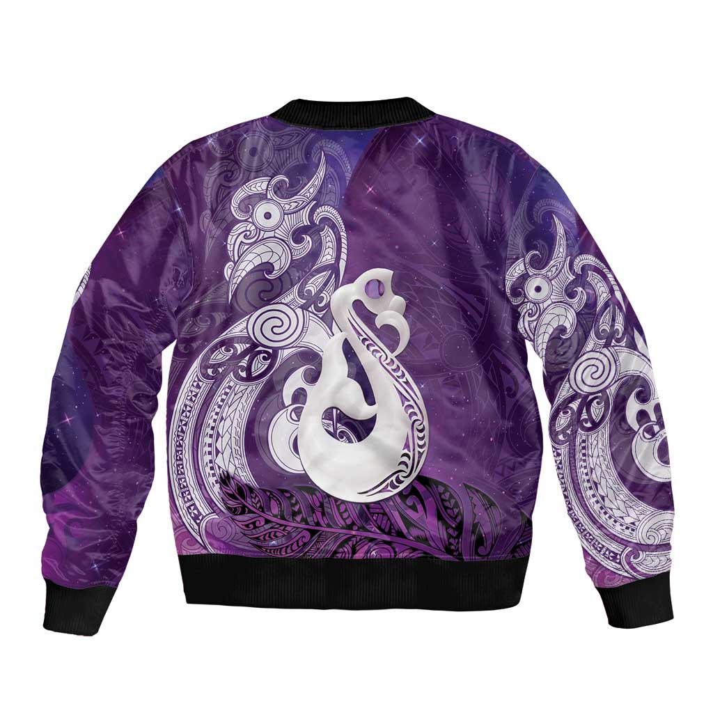 New Zealand Matariki Sleeve Zip Bomber Jacket Maori Manaia Galaxy Silver Fern Purple Color