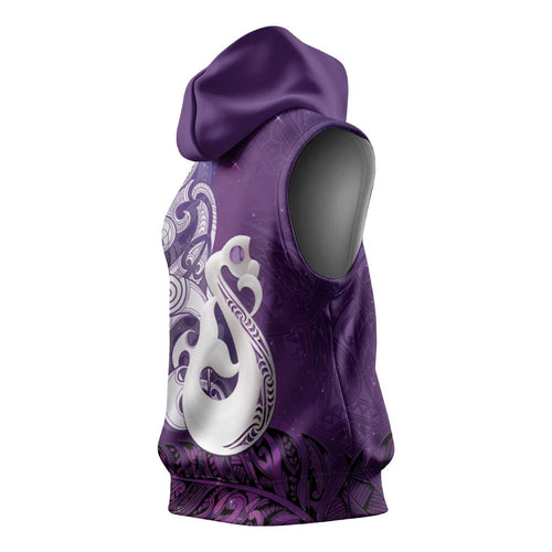 New Zealand Matariki Sleeveless Hoodie Maori Manaia Galaxy Silver Fern Purple Color