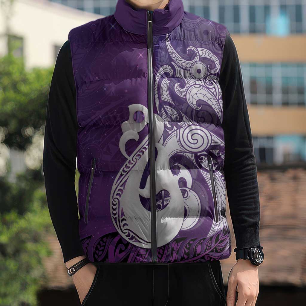 New Zealand Matariki Sleeveless Puffer Jacket Maori Manaia Galaxy Silver Fern Purple Color