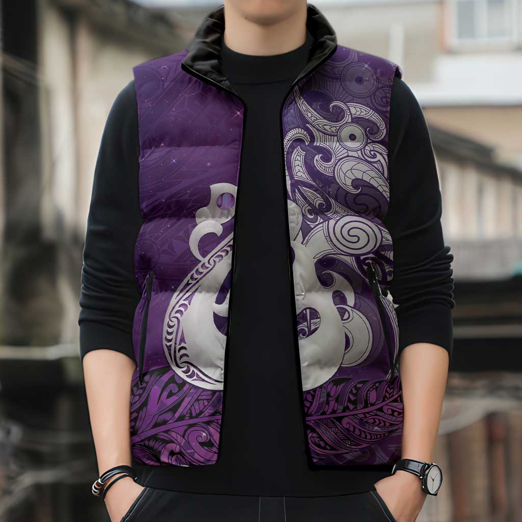 New Zealand Matariki Sleeveless Puffer Jacket Maori Manaia Galaxy Silver Fern Purple Color