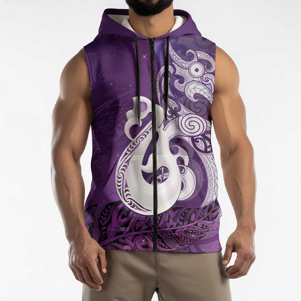 New Zealand Matariki Sleeveless Zip Hoodie Maori Manaia Galaxy Silver Fern Purple Color