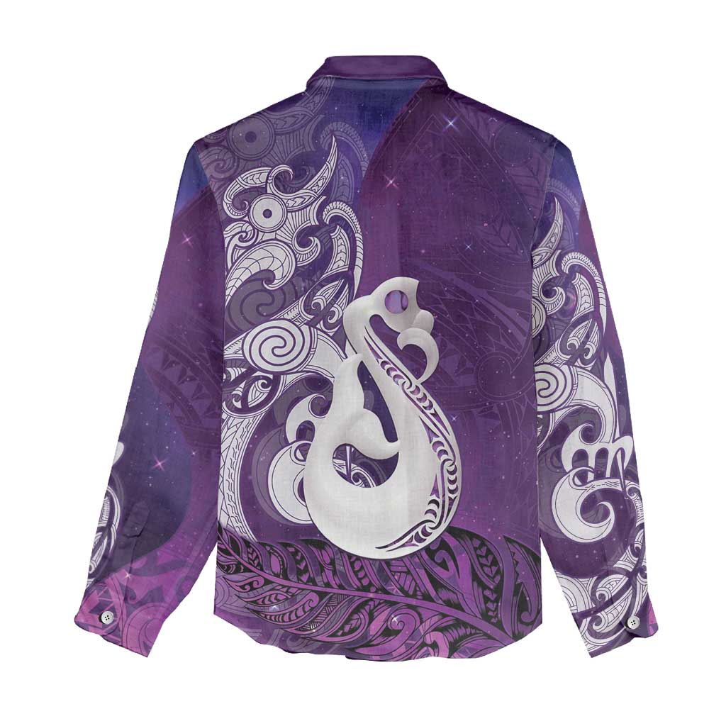 New Zealand Matariki Women Casual Shirt Maori Manaia Galaxy Silver Fern Purple Color