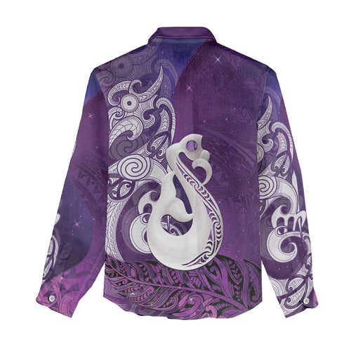 New Zealand Matariki Women Casual Shirt Maori Manaia Galaxy Silver Fern Purple Color