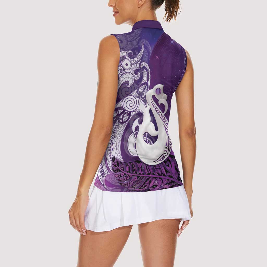 New Zealand Matariki Women Sleeveless Polo Shirt Maori Manaia Galaxy Silver Fern Purple Color
