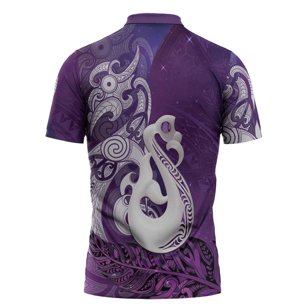 New Zealand Matariki Zipper Polo Shirt Maori Manaia Galaxy Silver Fern Purple Color