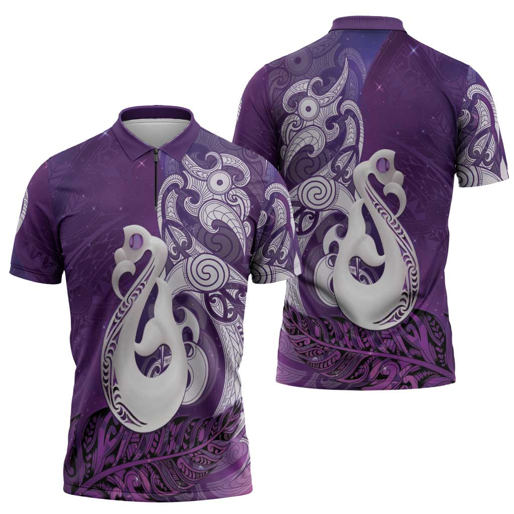 New Zealand Matariki Zipper Polo Shirt Maori Manaia Galaxy Silver Fern Purple Color