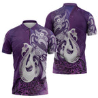 New Zealand Matariki Zipper Polo Shirt Maori Manaia Galaxy Silver Fern Purple Color