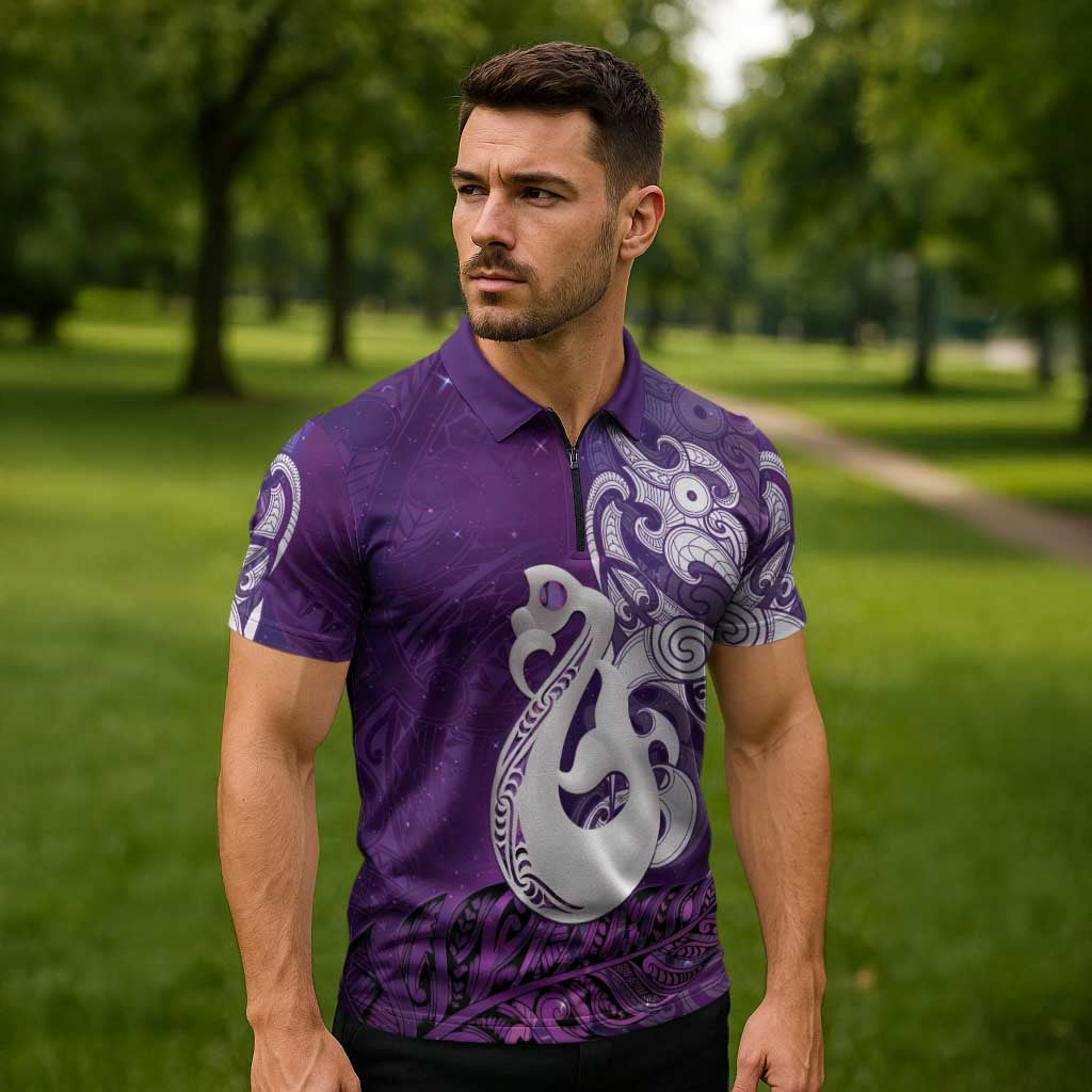 New Zealand Matariki Zipper Polo Shirt Maori Manaia Galaxy Silver Fern Purple Color