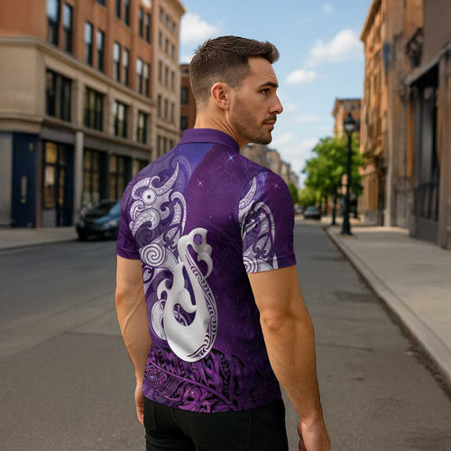 New Zealand Matariki Zipper Polo Shirt Maori Manaia Galaxy Silver Fern Purple Color