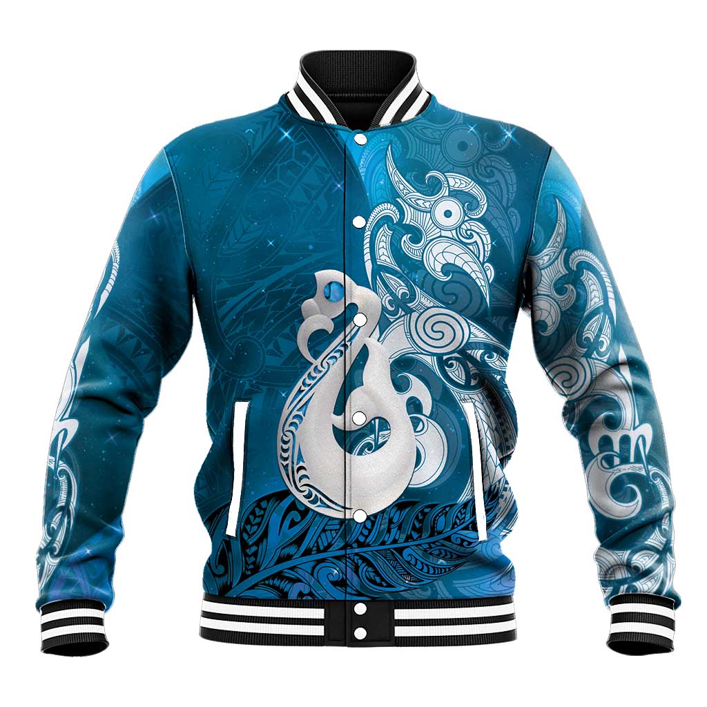 New Zealand Matariki Baseball Jacket Maori Manaia Galaxy Silver Fern Blue Color