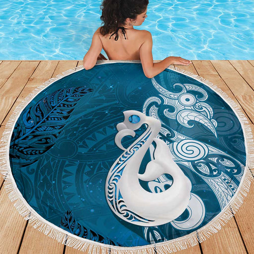 New Zealand Matariki Beach Blanket Maori Manaia Galaxy Silver Fern Blue Color