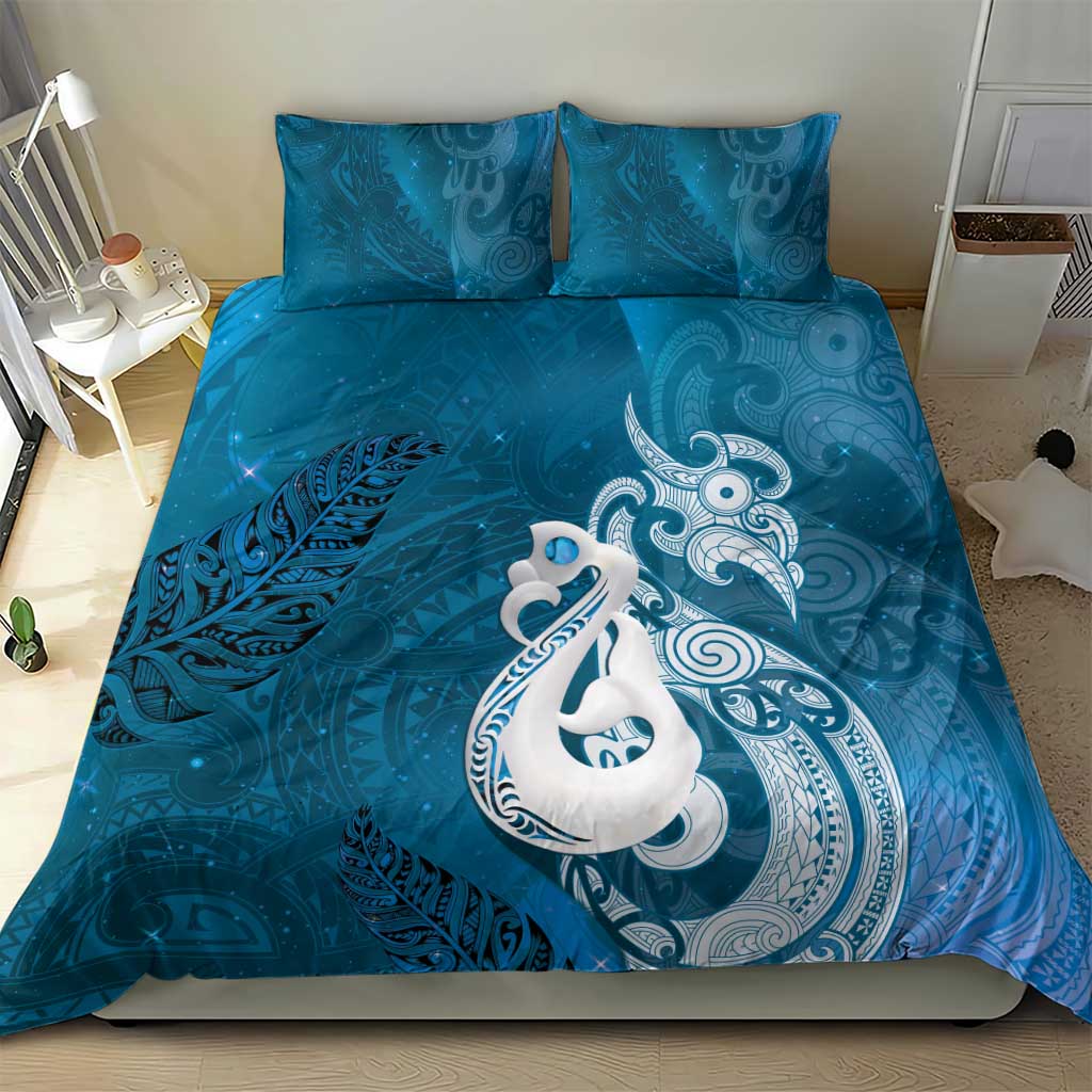 New Zealand Matariki Bedding Set Maori Manaia Galaxy Silver Fern Blue Color