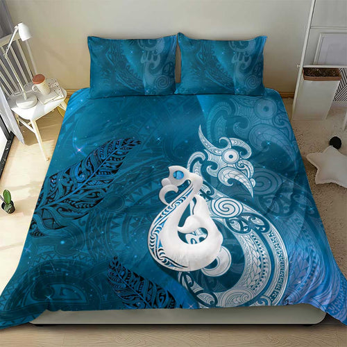 New Zealand Matariki Bedding Set Maori Manaia Galaxy Silver Fern Blue Color
