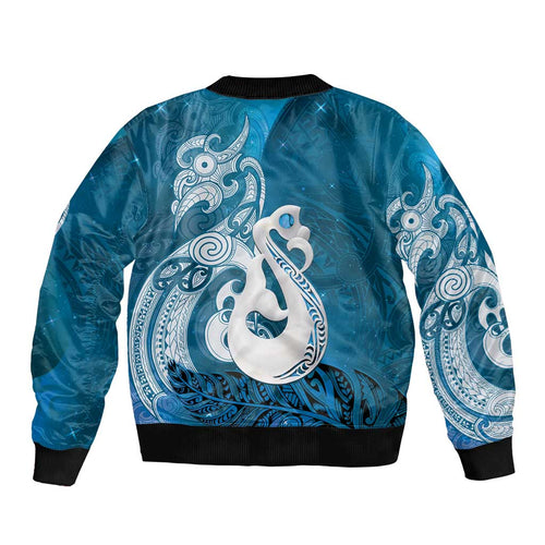 New Zealand Matariki Bomber Jacket Maori Manaia Galaxy Silver Fern Blue Color