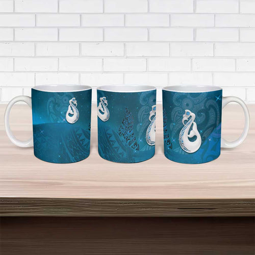 New Zealand Matariki Ceramic Mug Maori Manaia Galaxy Silver Fern Blue Color