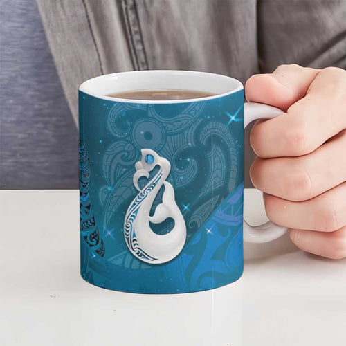 New Zealand Matariki Ceramic Mug Maori Manaia Galaxy Silver Fern Blue Color