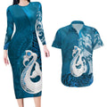 New Zealand Matariki Couples Matching Long Sleeve Bodycon Dress and Hawaiian Shirt Maori Manaia Galaxy Silver Fern Blue Color