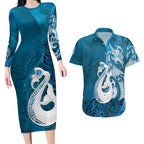 New Zealand Matariki Couples Matching Long Sleeve Bodycon Dress and Hawaiian Shirt Maori Manaia Galaxy Silver Fern Blue Color