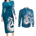 New Zealand Matariki Couples Matching Long Sleeve Bodycon Dress and Long Sleeve Button Shirt Maori Manaia Galaxy Silver Fern Blue Color