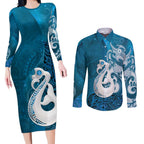 New Zealand Matariki Couples Matching Long Sleeve Bodycon Dress and Long Sleeve Button Shirt Maori Manaia Galaxy Silver Fern Blue Color