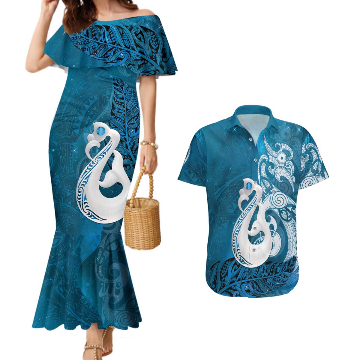 New Zealand Matariki Couples Matching Mermaid Dress and Hawaiian Shirt Maori Manaia Galaxy Silver Fern Blue Color