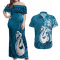 New Zealand Matariki Couples Matching Off Shoulder Maxi Dress and Hawaiian Shirt Maori Manaia Galaxy Silver Fern Blue Color