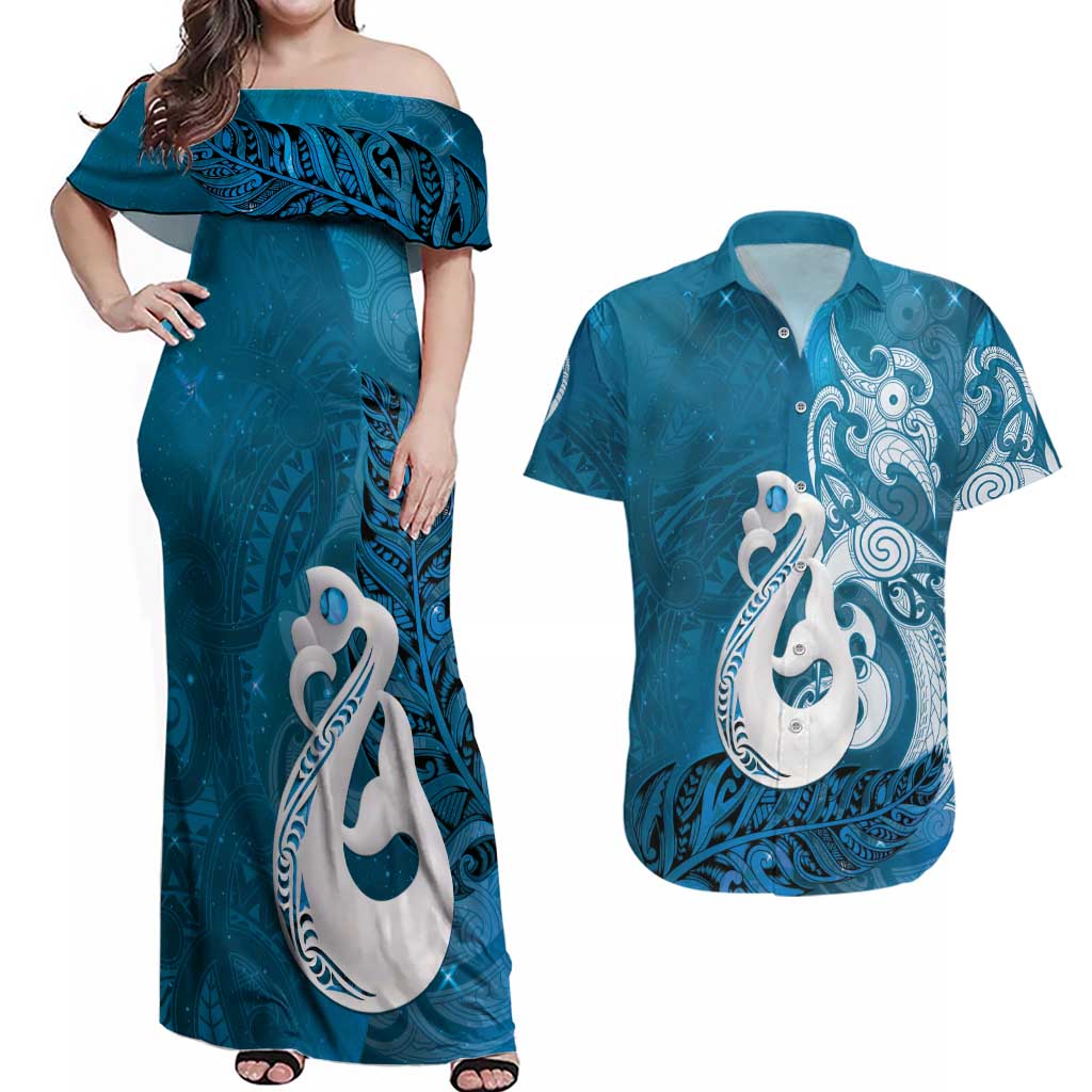 New Zealand Matariki Couples Matching Off Shoulder Maxi Dress and Hawaiian Shirt Maori Manaia Galaxy Silver Fern Blue Color