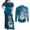 New Zealand Matariki Couples Matching Off Shoulder Maxi Dress and Long Sleeve Button Shirt Maori Manaia Galaxy Silver Fern Blue Color