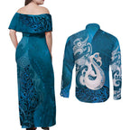New Zealand Matariki Couples Matching Off Shoulder Maxi Dress and Long Sleeve Button Shirt Maori Manaia Galaxy Silver Fern Blue Color